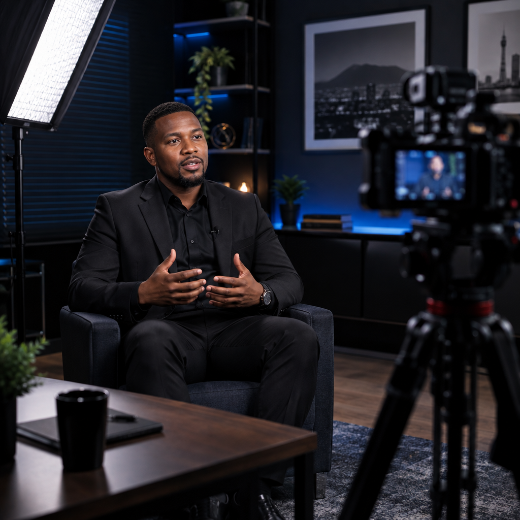 Professional interview setup with seated speaker, soft key lighting, and clean corporate office backdrop
