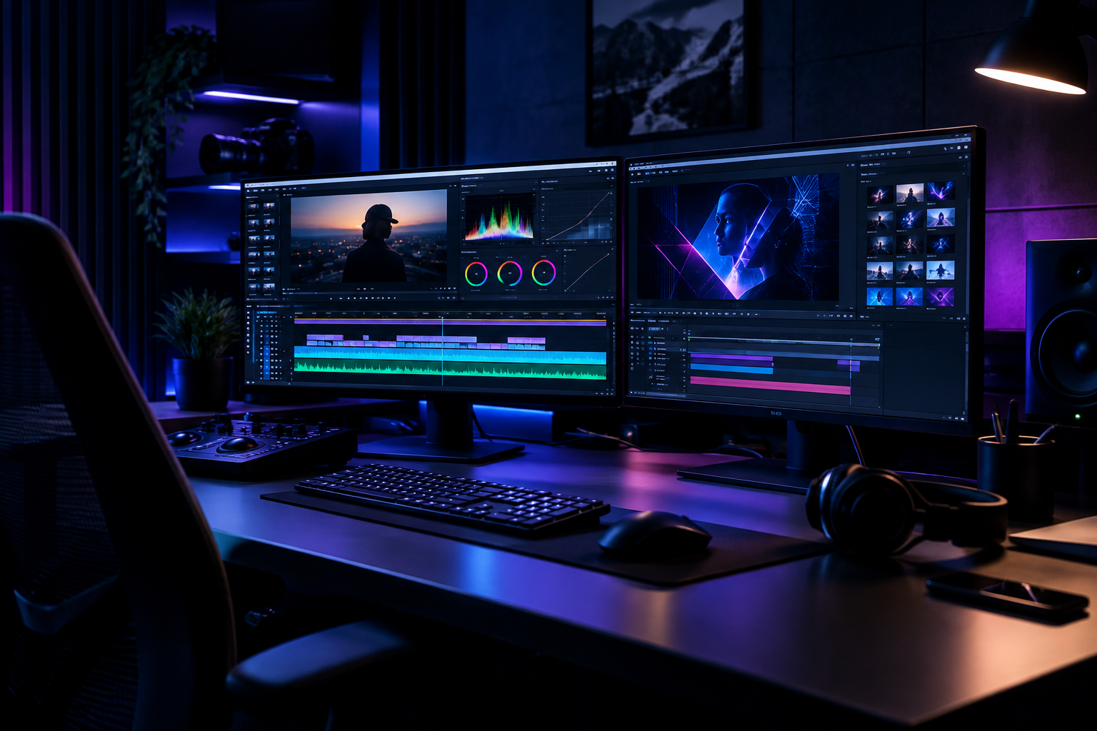 Post-production editing workstation showing color grading timeline and motion graphics overlays on dual monitors