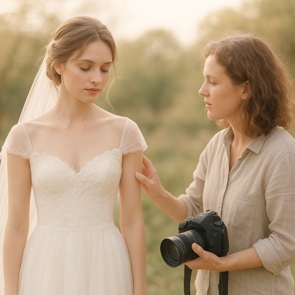 Photographer gently directing a bride outdoors in soft natural light, pastel tones, romantic atmosphere
