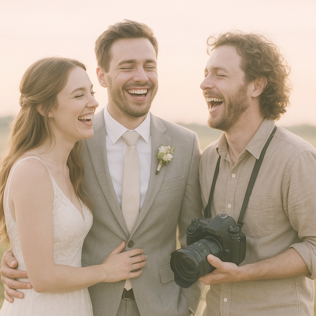 Photographer laughing with a joyful couple during golden hour, candid and dreamy