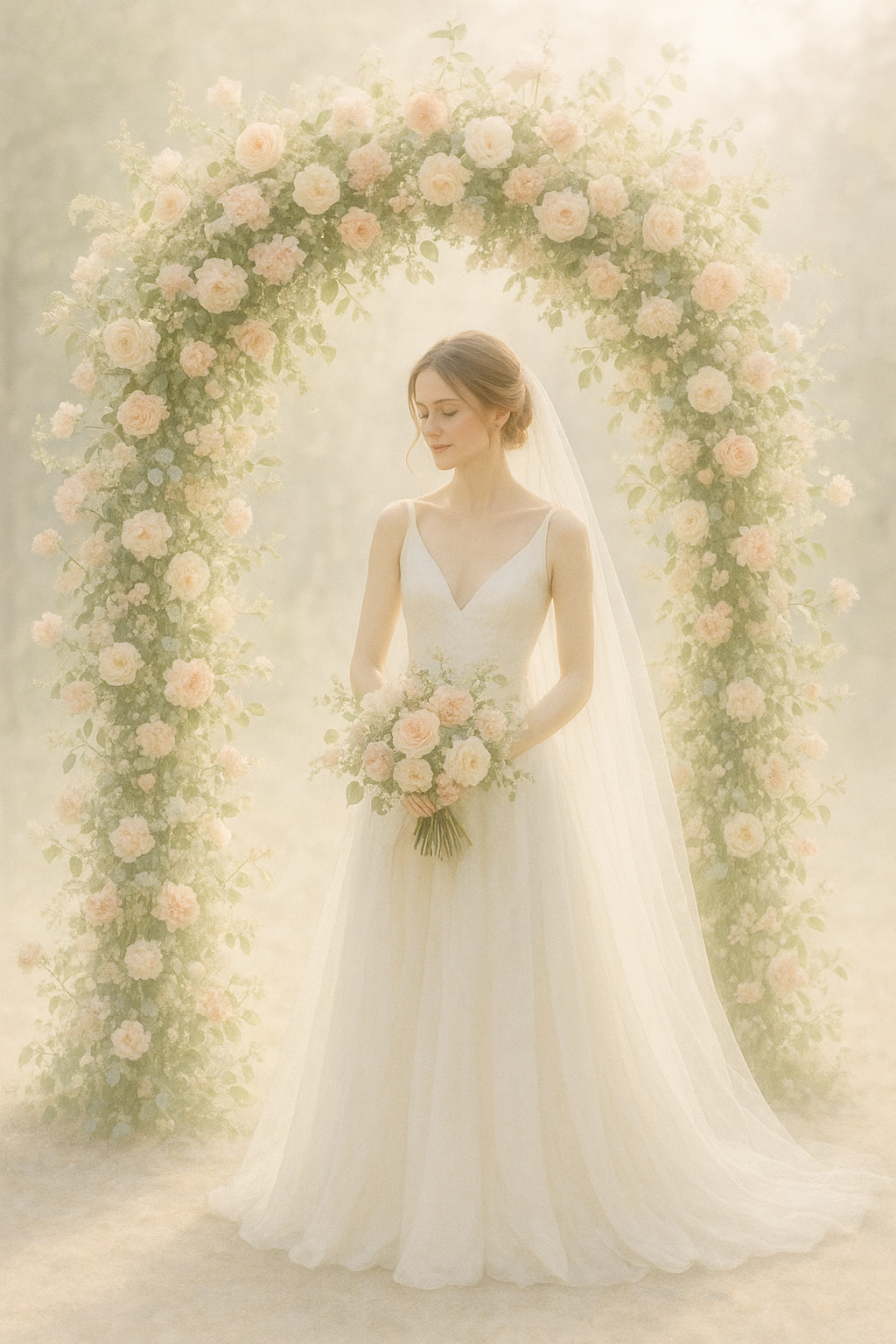 Bride standing beneath a lush floral arch, soft pastel flowers with gentle sunlight