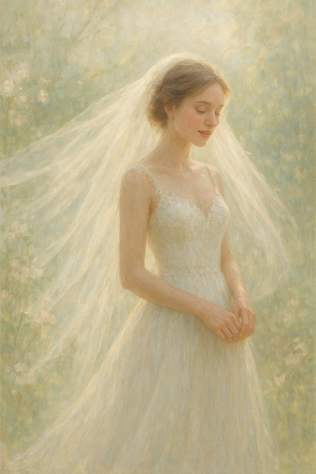 Bride with flowing veil in a sunlit garden, surrounded by soft greenery and delicate blossoms, radiant with emotion