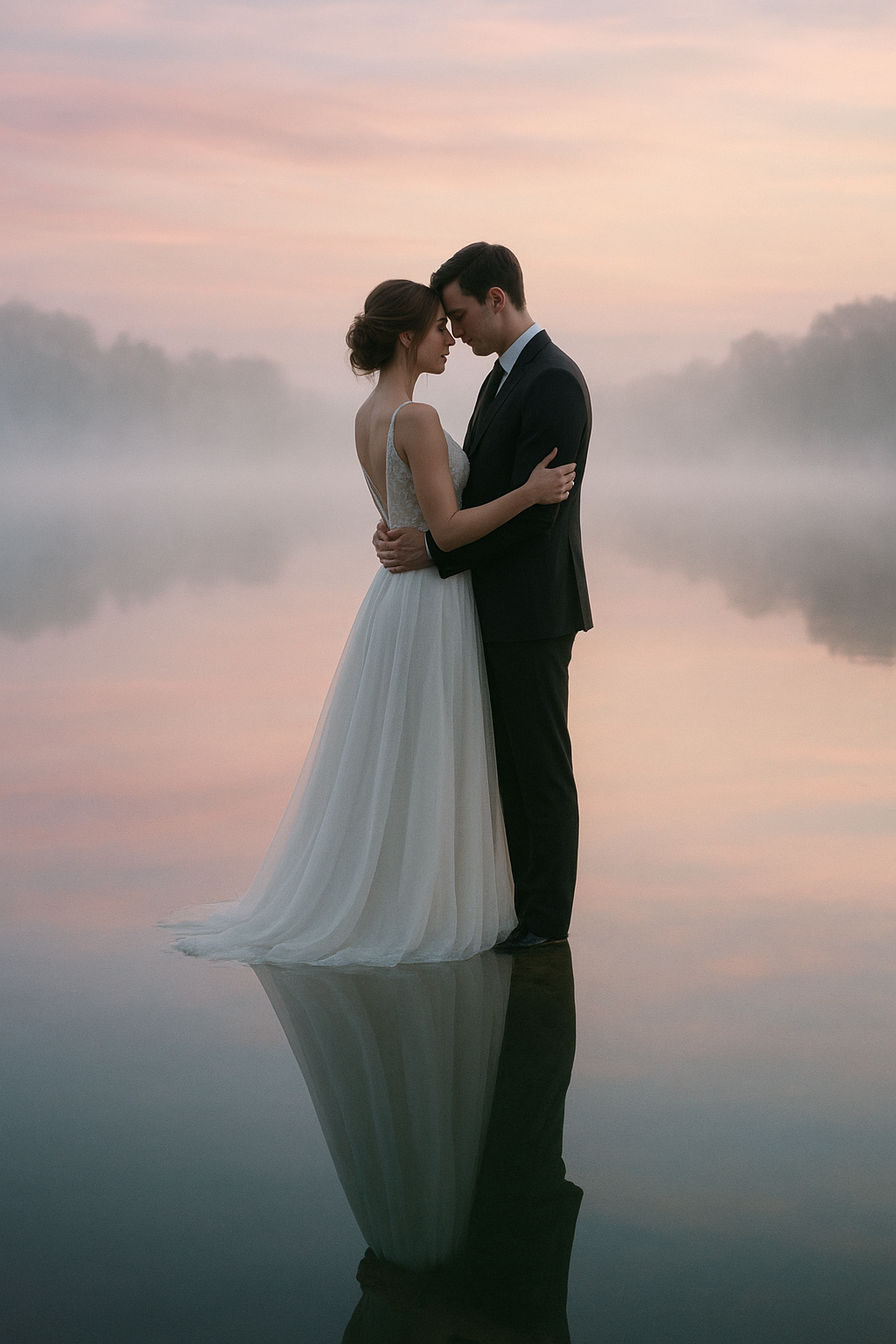 Bride and groom embrace by a calm lake, their reflection mirrored in the water, surrounded by mist and pastel skies