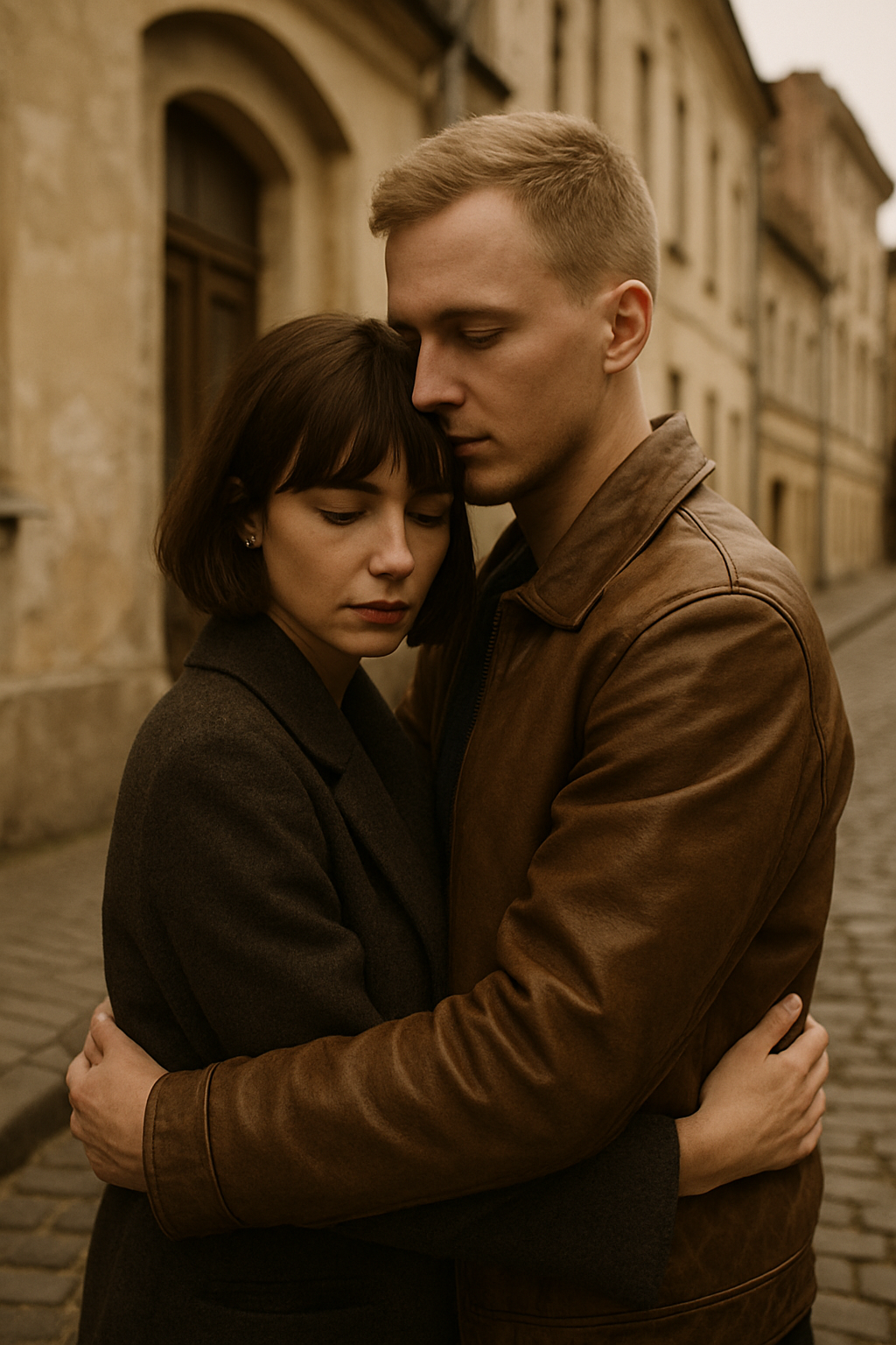 A couple in a charcoal overcoat and brown leather jacket sharing a quiet embrace on a historic Kyiv street