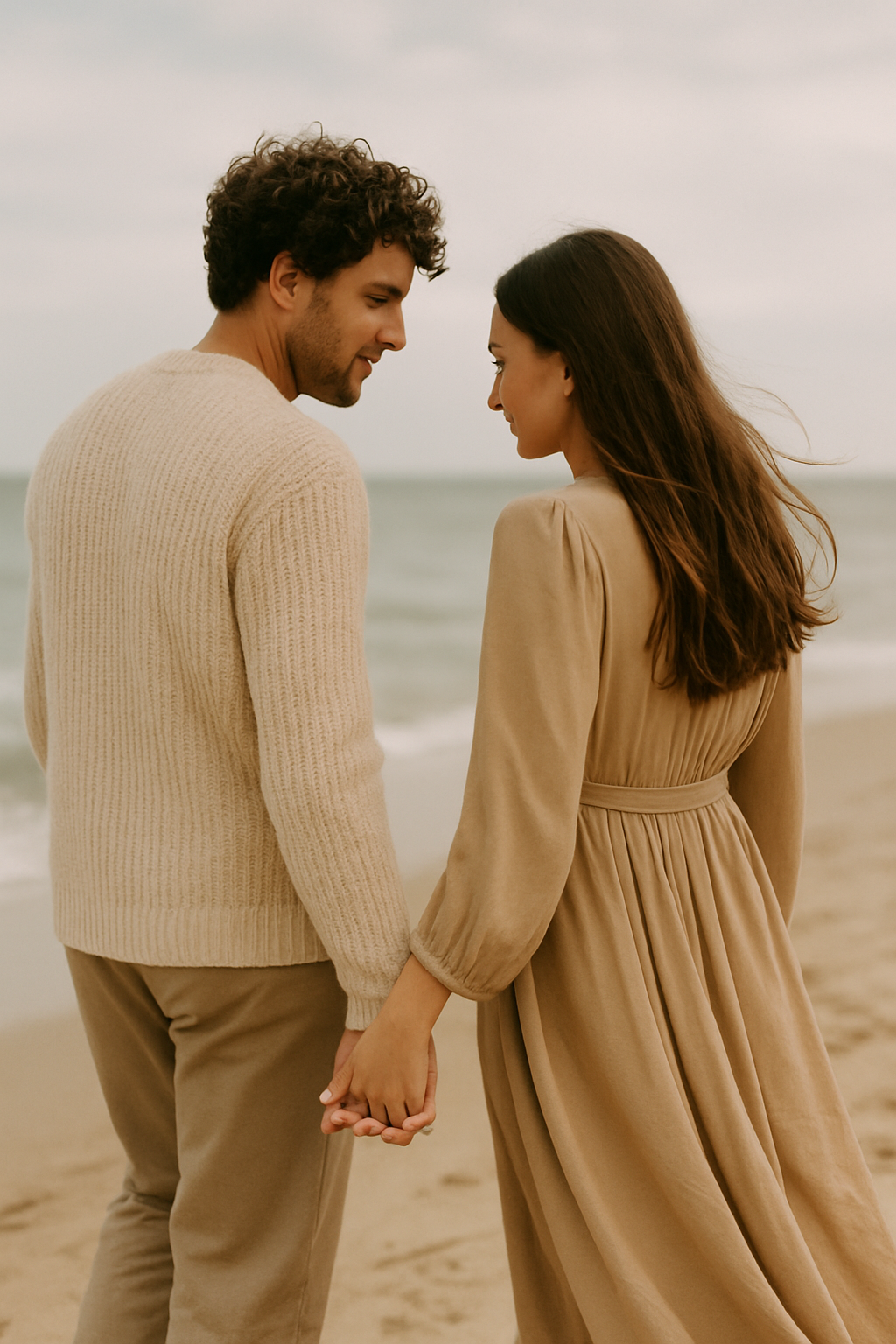 A couple in a cream knit sweater and a sand-colored dress walking along a windswept coast