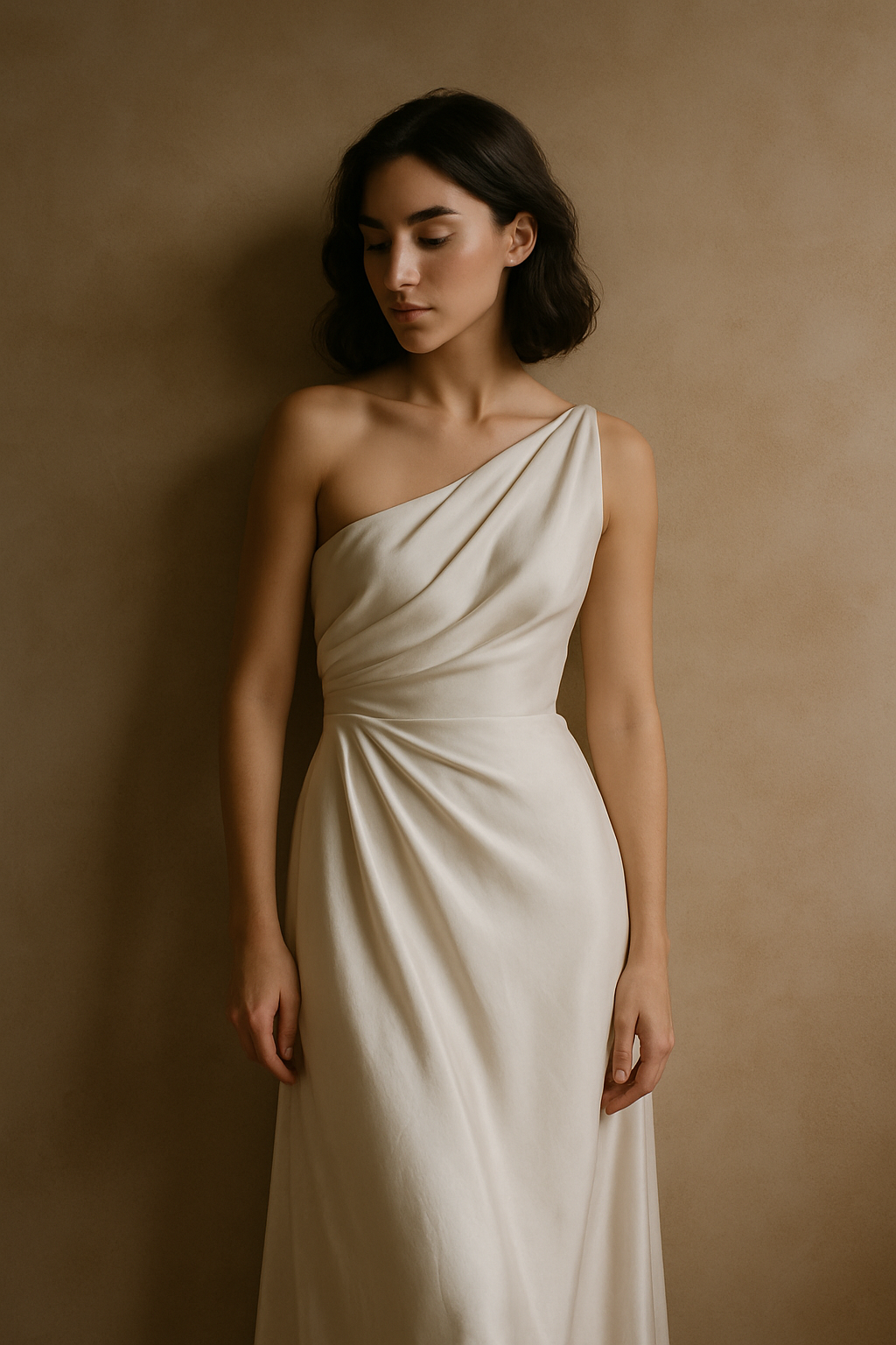A dark-haired model wearing a sculptural ivory silk dress beside a textured studio wall
