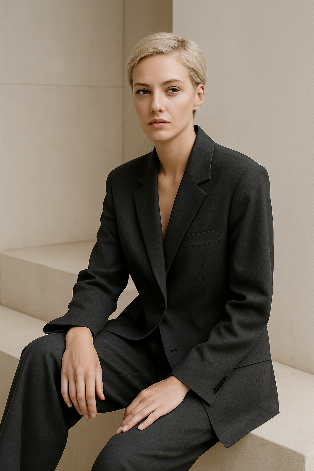 A short-haired model in an oversized charcoal tailored suit seated on a pale stone bench