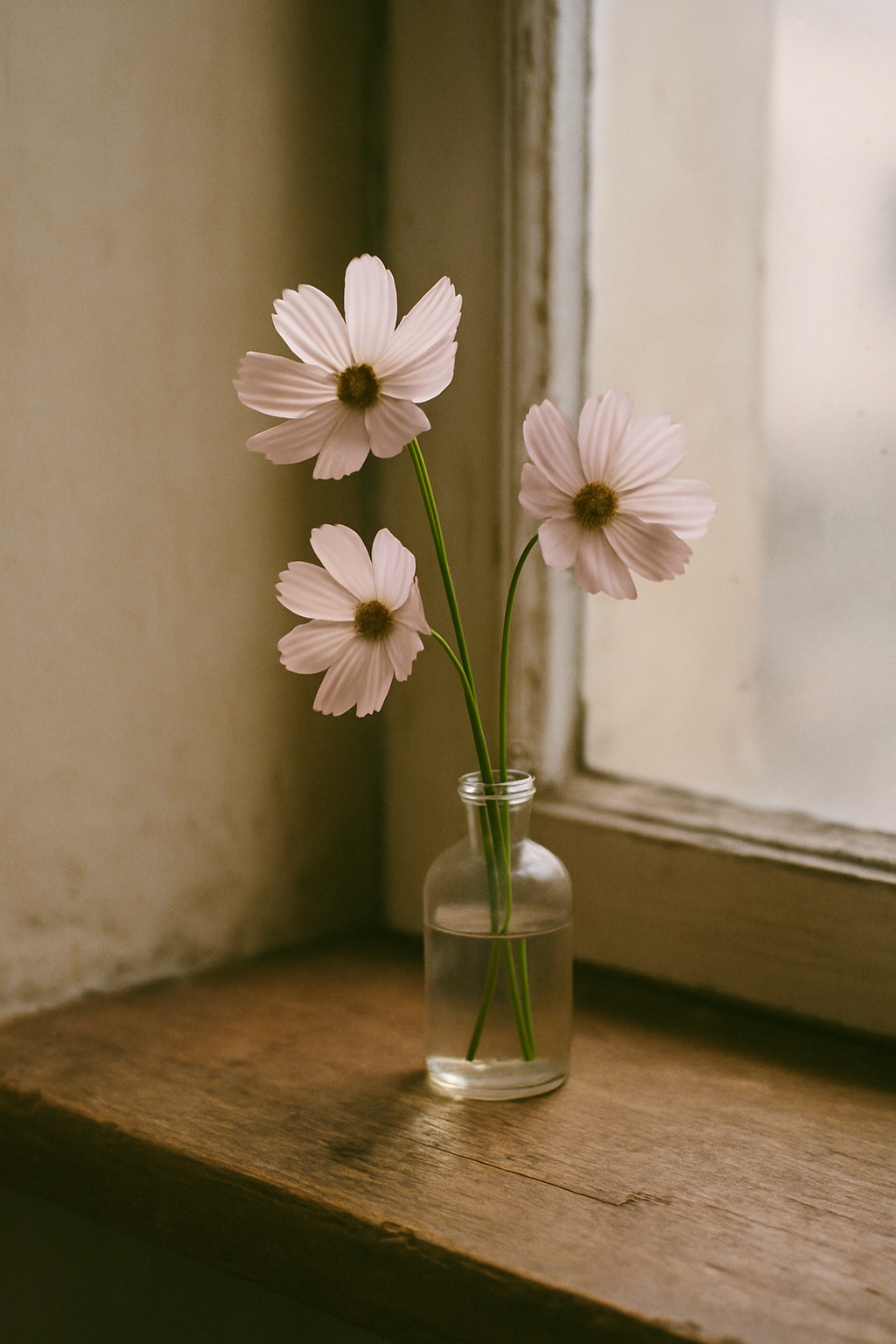 Soft film photograph of pale pink cosmos flowers in a clear glass vase on a wooden windowsill