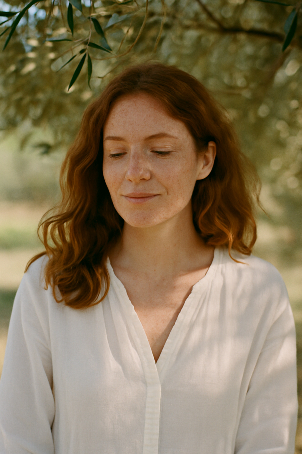 Grainy film portrait of a freckled red-haired woman in a white cotton blouse beneath an olive tree