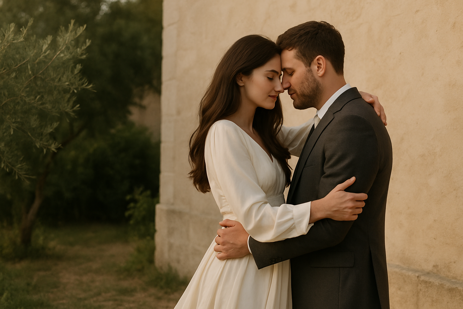 An intimate wedding portrait of a couple embracing beside a sunlit stone villa, with flowing ivory silk and warm evening light
