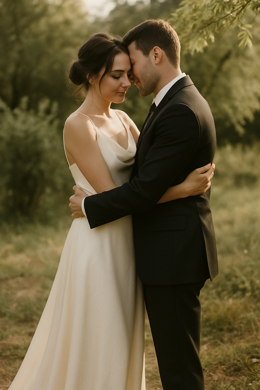 Newlyweds embracing in a sunlit garden, bride in an ivory silk gown and groom in a black suit