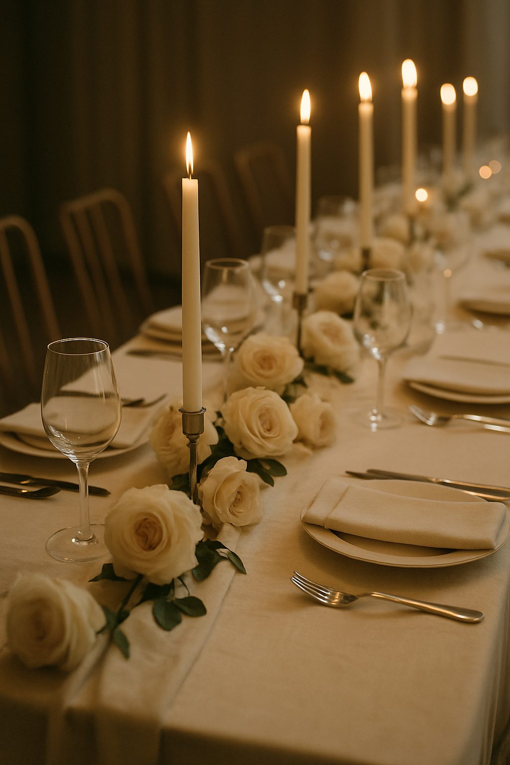 An intimate wedding table with ivory linen, pale roses, candles and crystal glasses