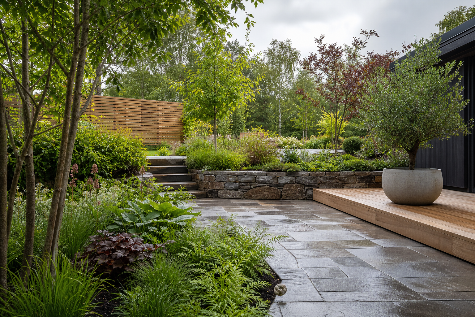 Lush landscaped outdoor space with layered planting, natural stone paving, timber terrace edge, and fresh green vegetation