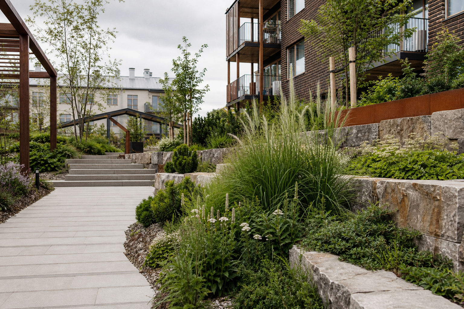 Aménagement paysager contemporain avec massifs de graminées et vivaces, pavage minéral soigné et textures naturelles dans une ambiance urbaine scandinave