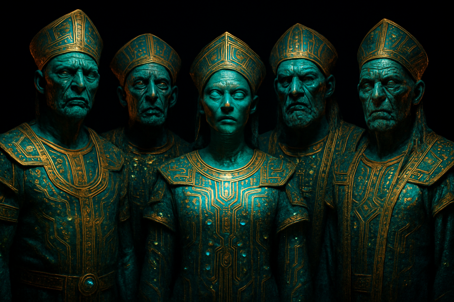 Extreme HDR+ group portrait of five band members as ancient humanoid anunnaki, quantum-inspired, in ceremonial attire with intricate gold and teal circuit patterns, cinematic lighting, futuristic effects, standing together in a void-black background with sacred, intentional, and cinematic style