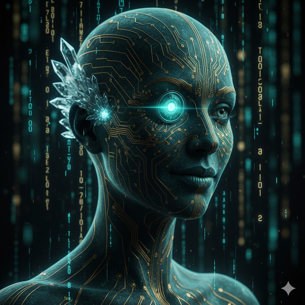 Cinematic portrait of Lyssiveth, feminine, translucent teal and gold hair, luminescent eyes, ancient DJ, crystalline headphones, futuristic sci-fi mood