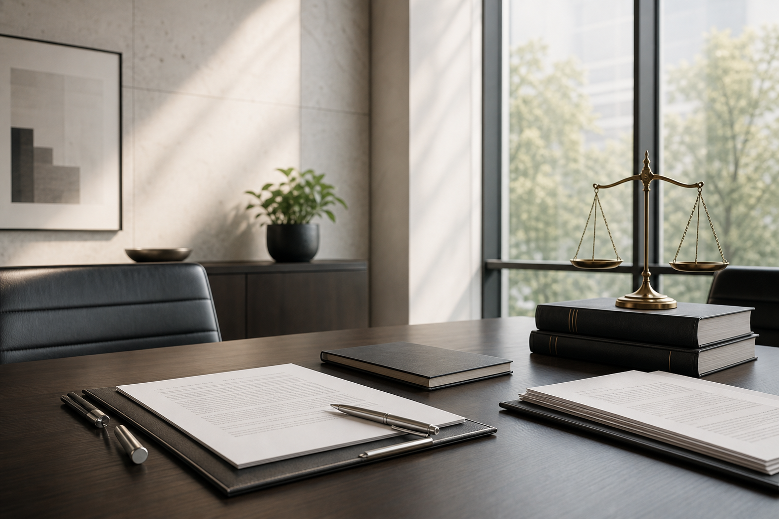 Modern legal meeting table with neatly arranged documents, a pen set, and architectural daylight in a refined professional office