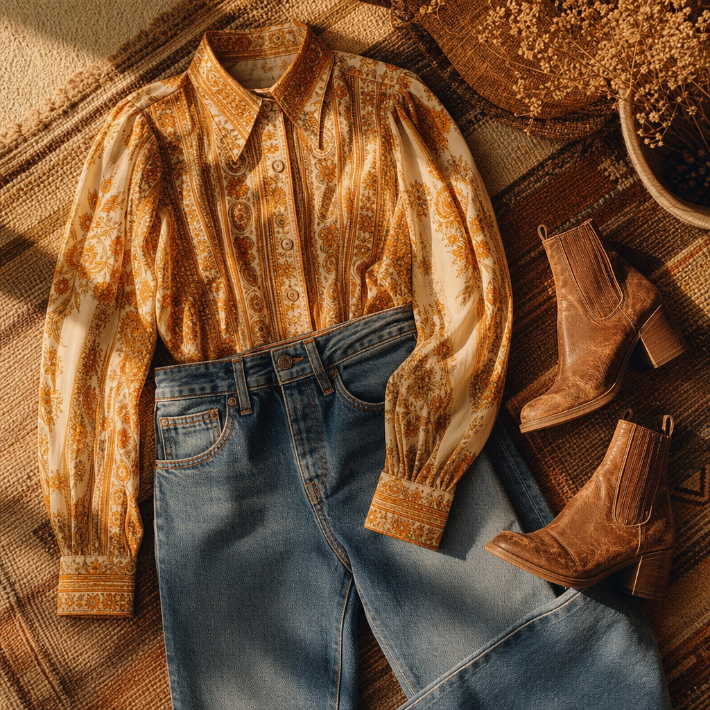 Warm film-style photo of a vintage 70s patterned blouse, high-waisted denim, and leather boots laid on a textured rug with soft sunlight.