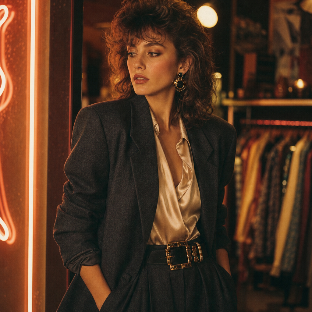Moody film photo of an 1980s-inspired vintage look with a tailored blazer, satin blouse, and bold accessories under soft neon light.