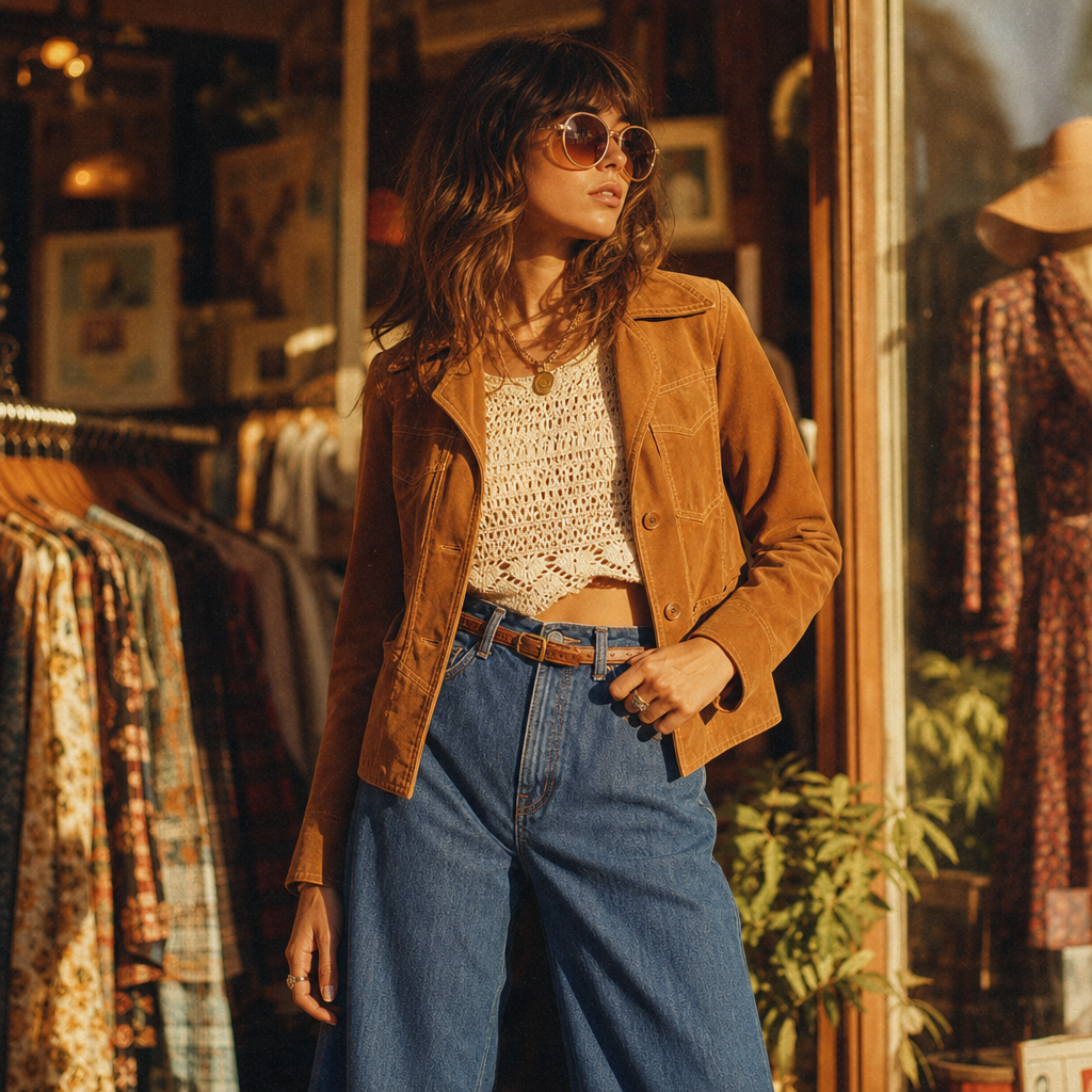 Warm film photo of a 1970s-inspired vintage outfit with a suede jacket, wide-leg denim, and crochet top, shot in golden light.