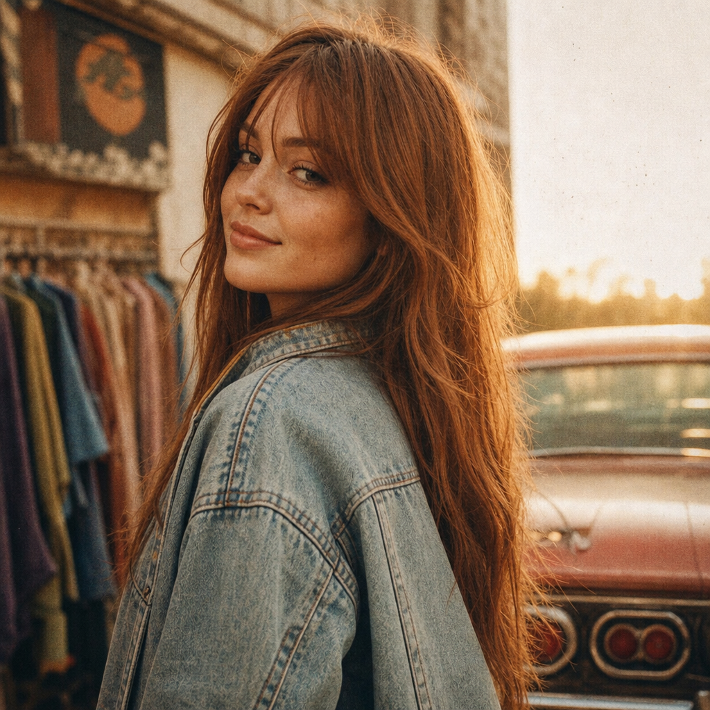Warm film portrait of a person with long auburn hair and a denim jacket, smiling softly against a sunlit backdrop.