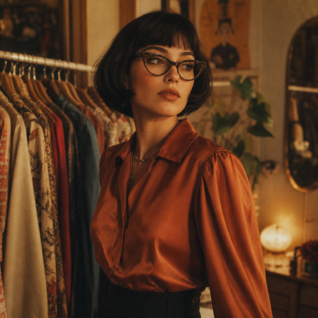 Warm film portrait of a woman with short black hair and cat-eye glasses, wearing a rust satin blouse.
