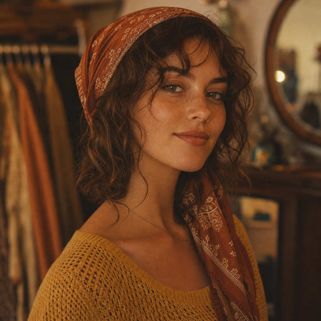 Warm film portrait of a young woman with a copper headscarf and soft curls, wearing a mustard knit top.