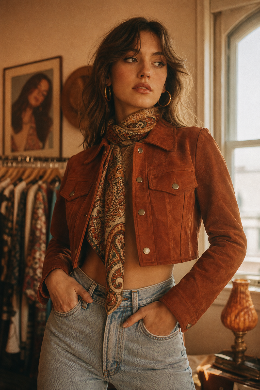 Model wearing a cropped rust suede jacket and high-waisted denim, styled with warm film lighting and vintage accessories