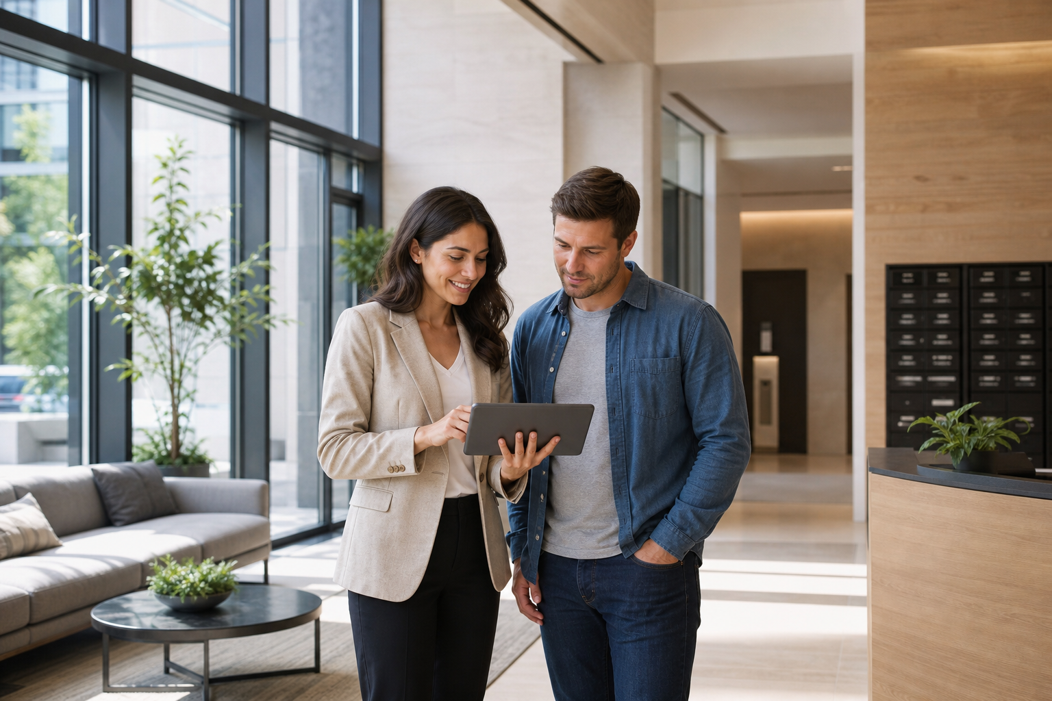 Professional property manager reviewing rental details with a resident in a bright modern apartment lobby