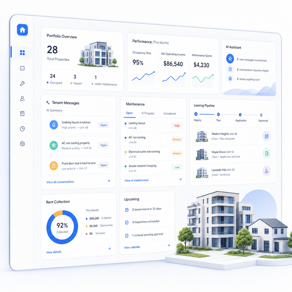 Dashboard-style illustration of rental operations with AI workflow cues, message summaries, maintenance coordination, and portfolio insights