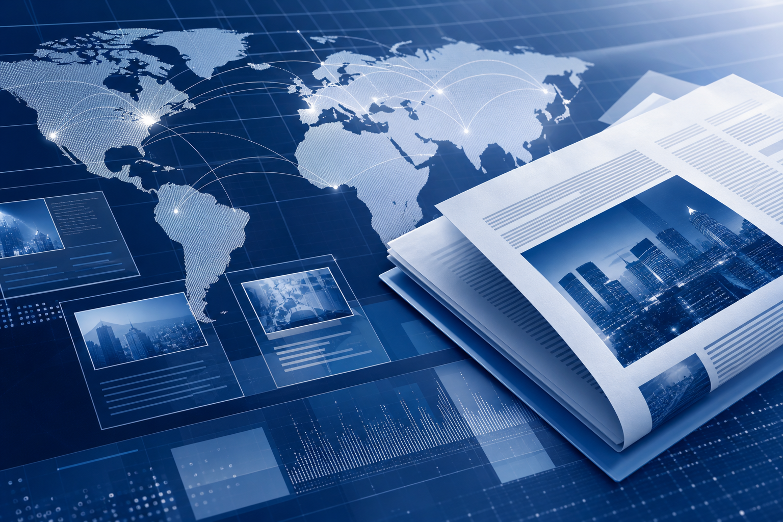 Refined editorial composition featuring global map overlays, financial-style document textures, and newsroom interface elements in a premium blue and white corporate style