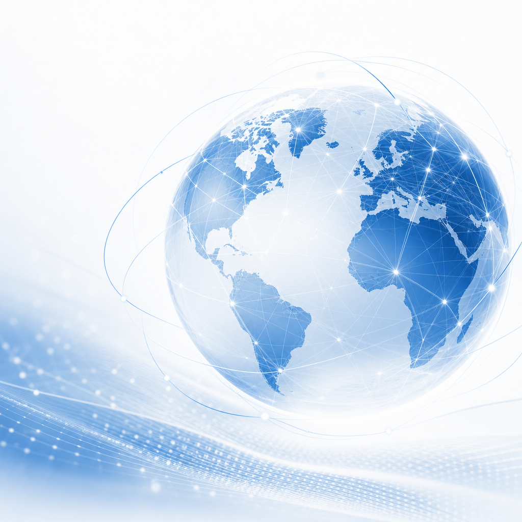 Refined abstract globe and global network lines in a clean editorial corporate style