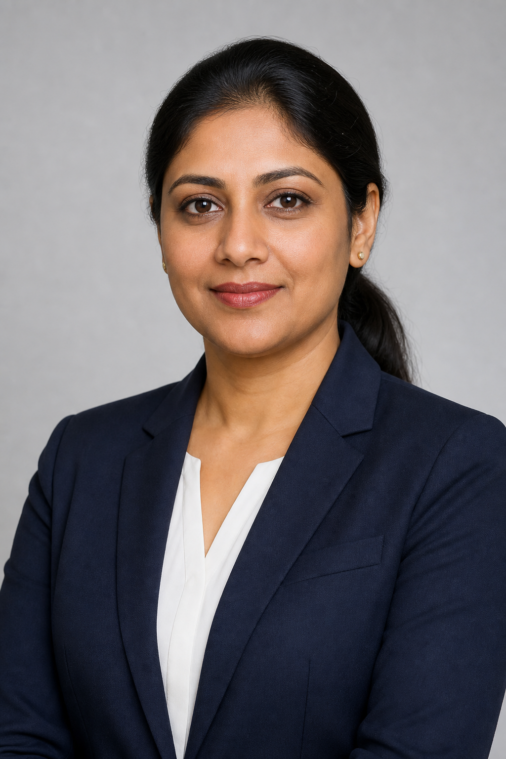 Corporate portrait of Ananya Mehta in a navy blazer on a neutral light gray background