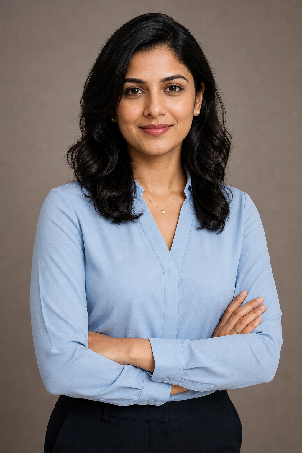 Corporate portrait of Priya Nair in a light blue professional blouse on a neutral soft taupe background