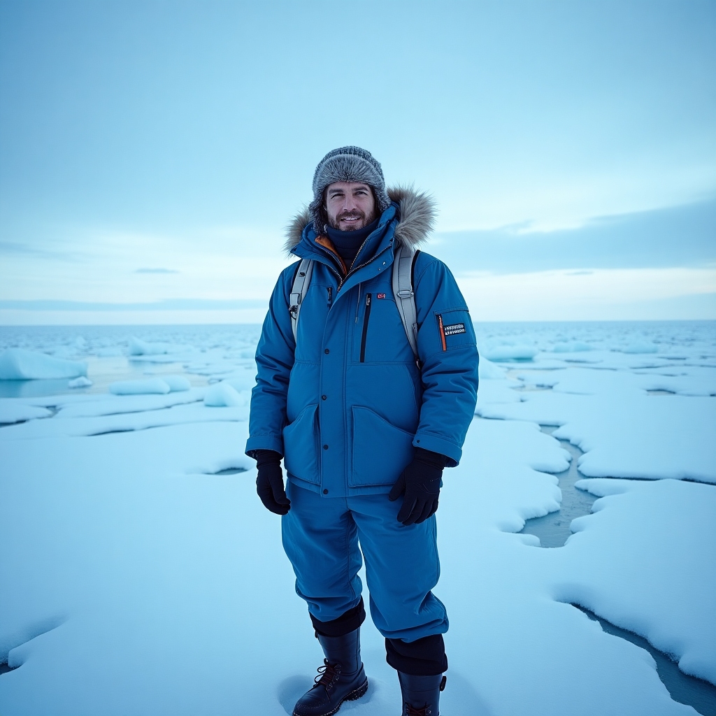 Realistic explorer in blue arctic gear stands on a vast icy field, dramatic blue sky above, snow and ice textures visible