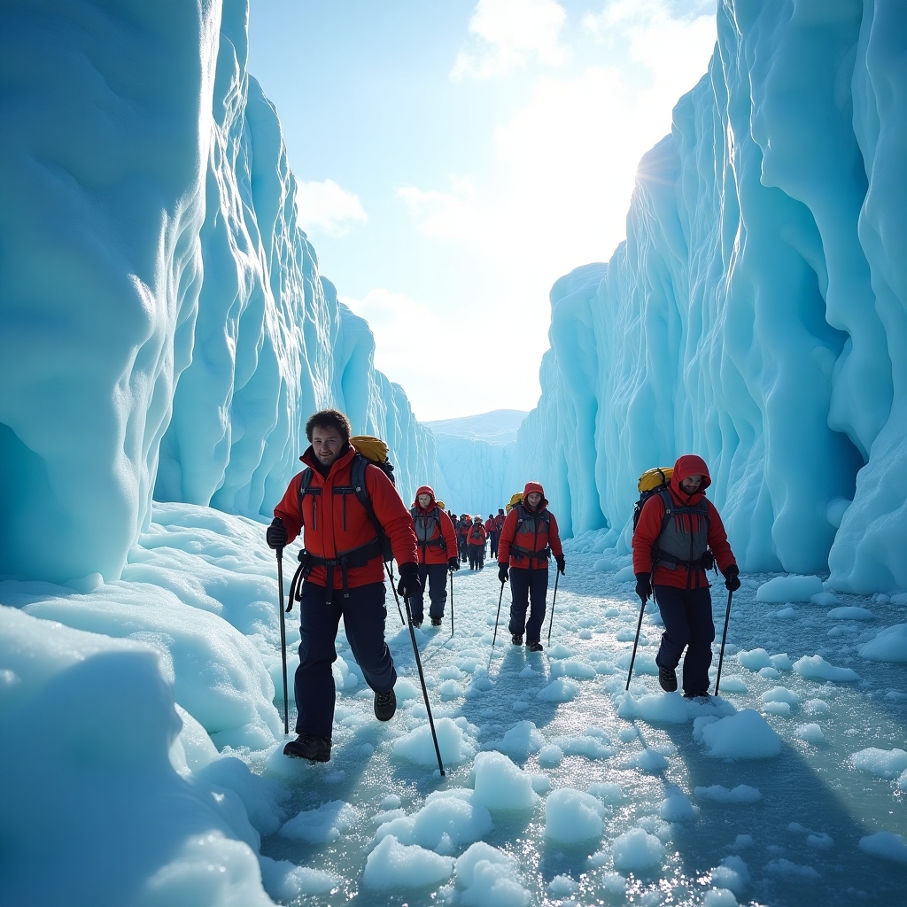 Group of real trekkers in arctic gear navigating across a glacier, with towering blue-white ice walls and sunlight glinting