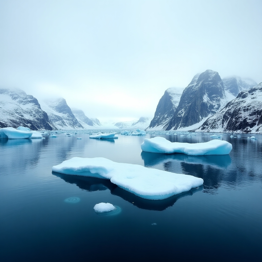 Authentic icy fjord landscape: floating icebergs, deep blue water, snow-capped mountains under crisp sky