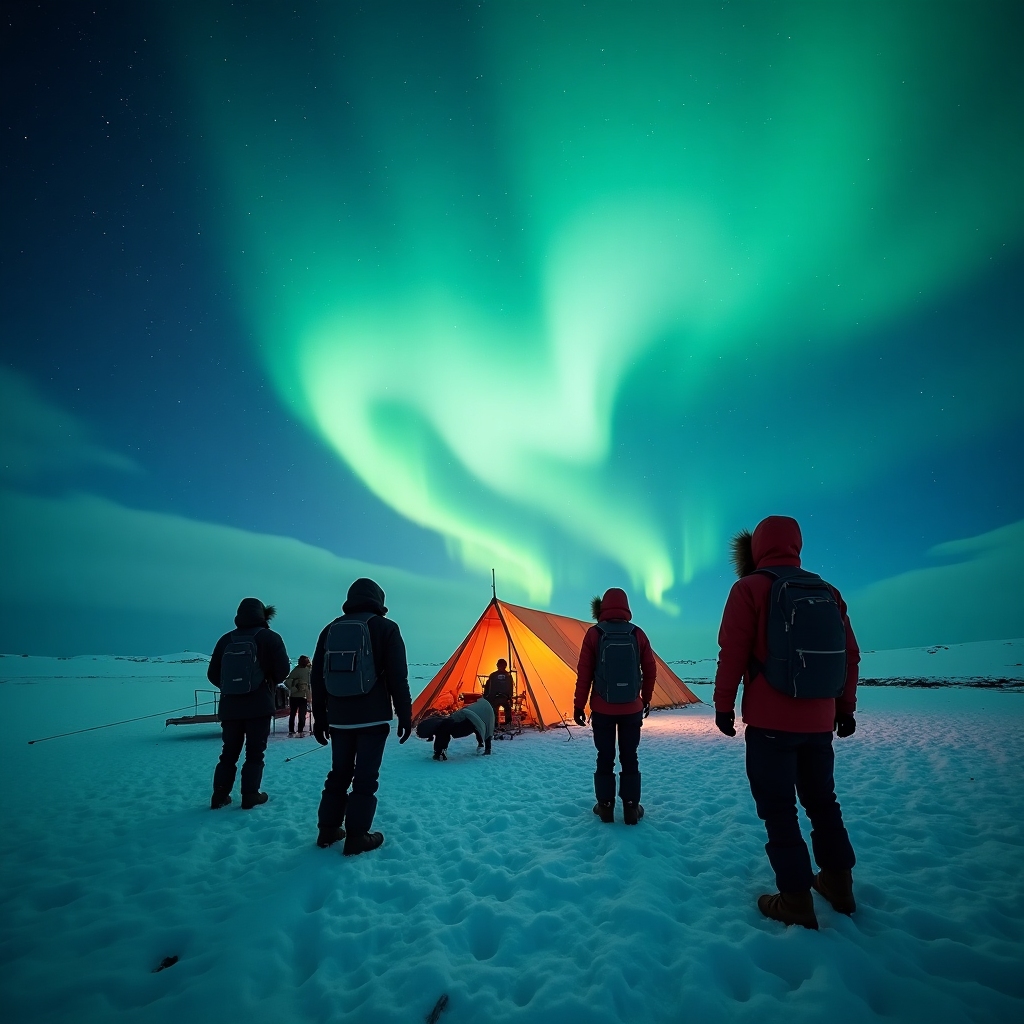 Adventurers in winter gear at camp on snow plain, vivid northern lights arching overhead in dramatic arctic night