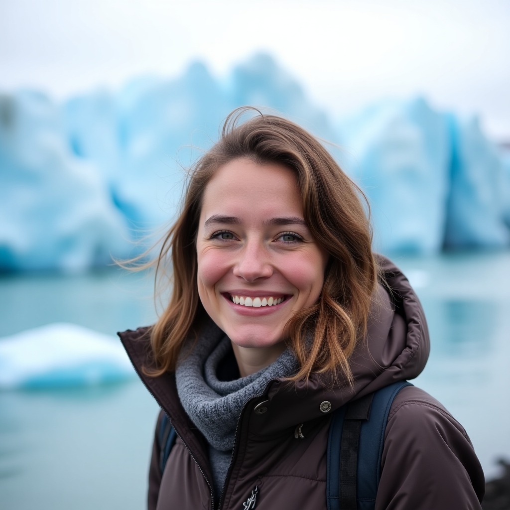 Elena Torres smiling in front of icy Greenland landscape, bundled in arctic clothing with soft blue and white hues
