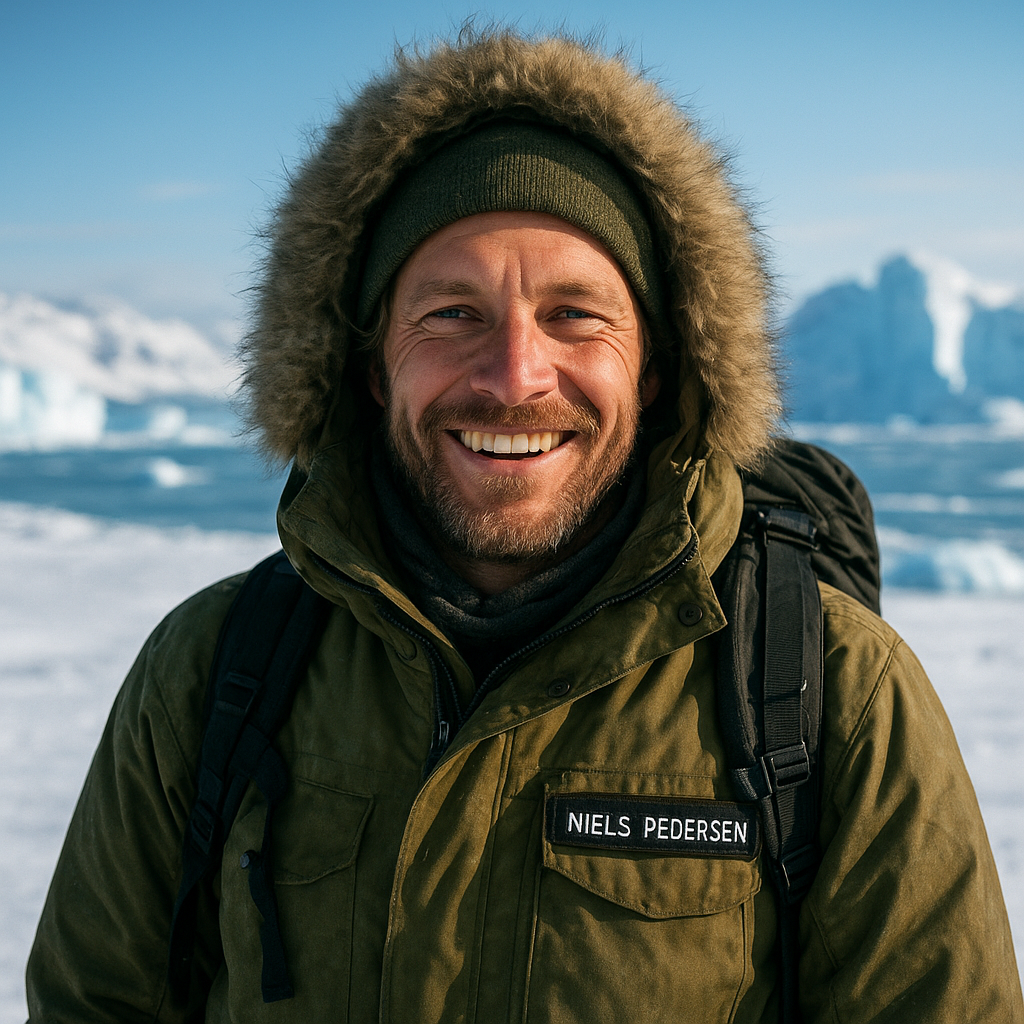 Niels Pedersen smiling in expedition parka, snowy Greenland backdrop, real explorer with authentic gear