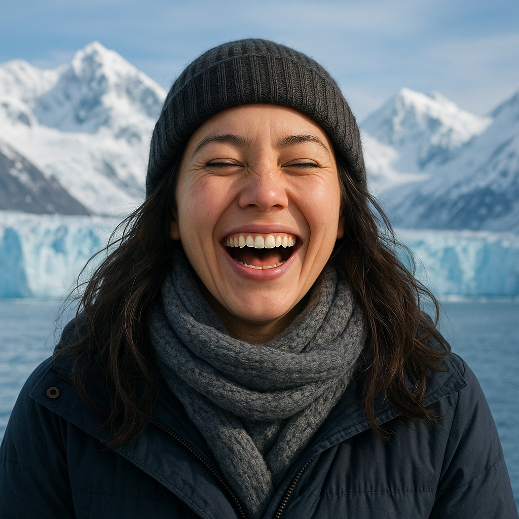 Sophia Lee laughing, wearing warm clothes, with dramatic icy mountain backdrop and crisp blue tones